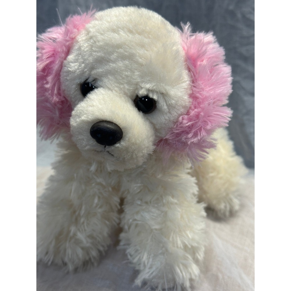 Aurora World White Shaggy Dog Plush Pink Fuzzy Ears Stuffed Animal 8 Inch